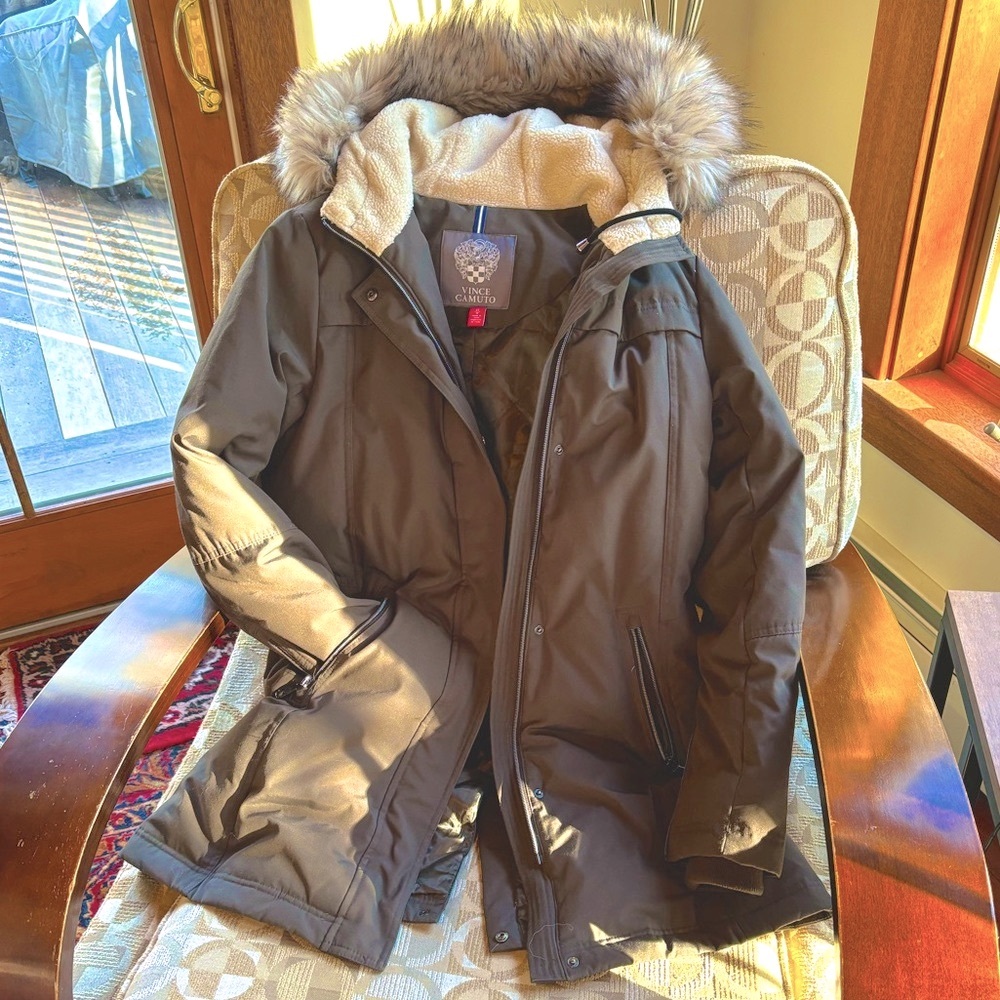 Vince Camuto Winter Coat Fauxfur Hood Long womens XS brown